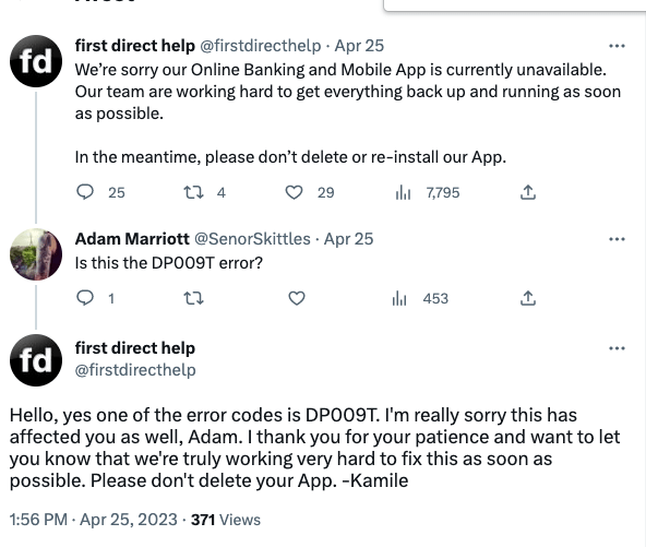 First Direct Error Code dp009t