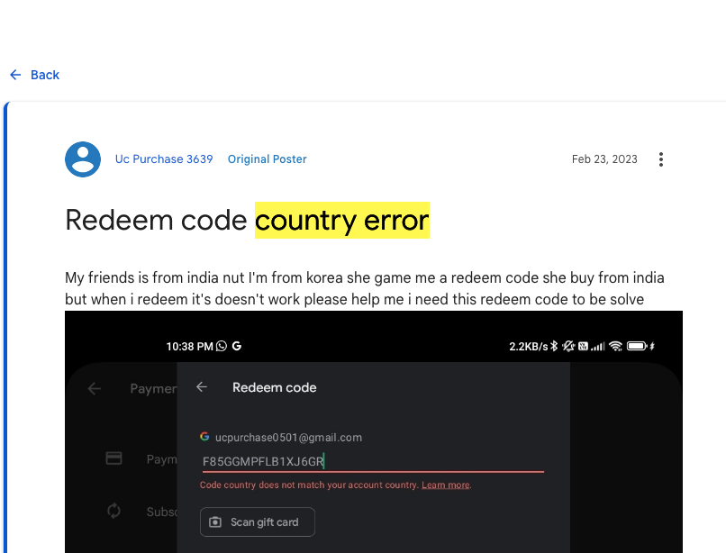 Google Gift Cards "Redeem Code Country Error"