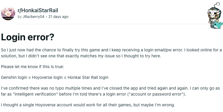 Honkai Star Rail "Account Or Password Error"