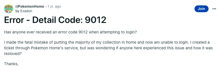 Pokemon Home Error Code 9012