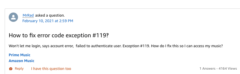 Amazon Music "Exception 119" Error
