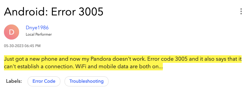 Pandora Error Code 3005