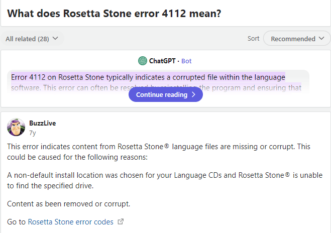 Rosetta Stone Error 4112