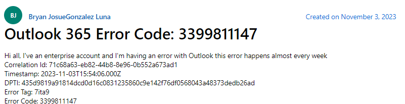 Microsoft Outlook Error Code 3399811147