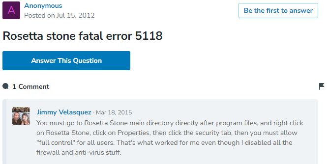 Rosetta Stone Error 5118