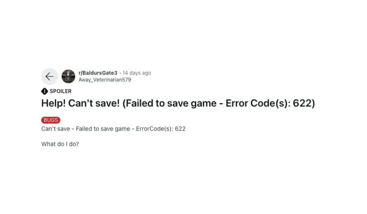 Baldur Gate 3 Error Code 622