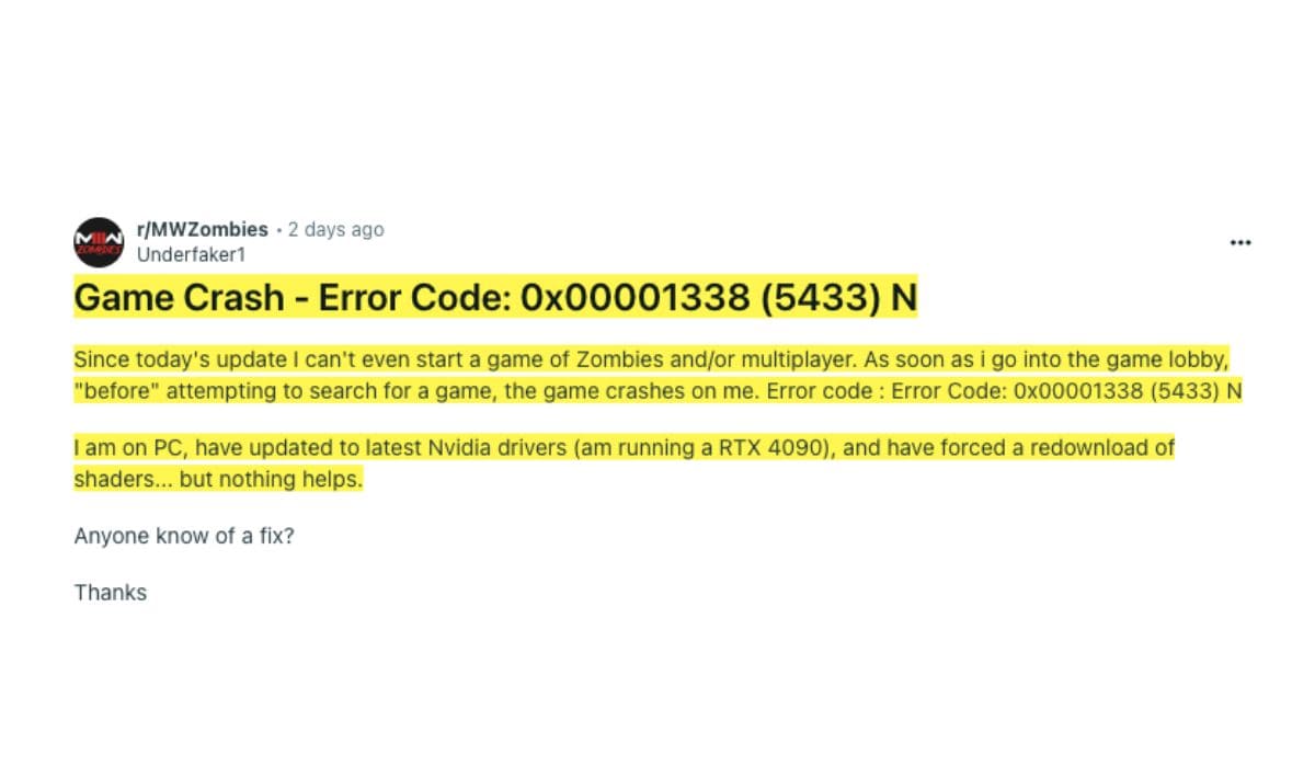 MW Zombies Error Code 0x00001338 5433 N