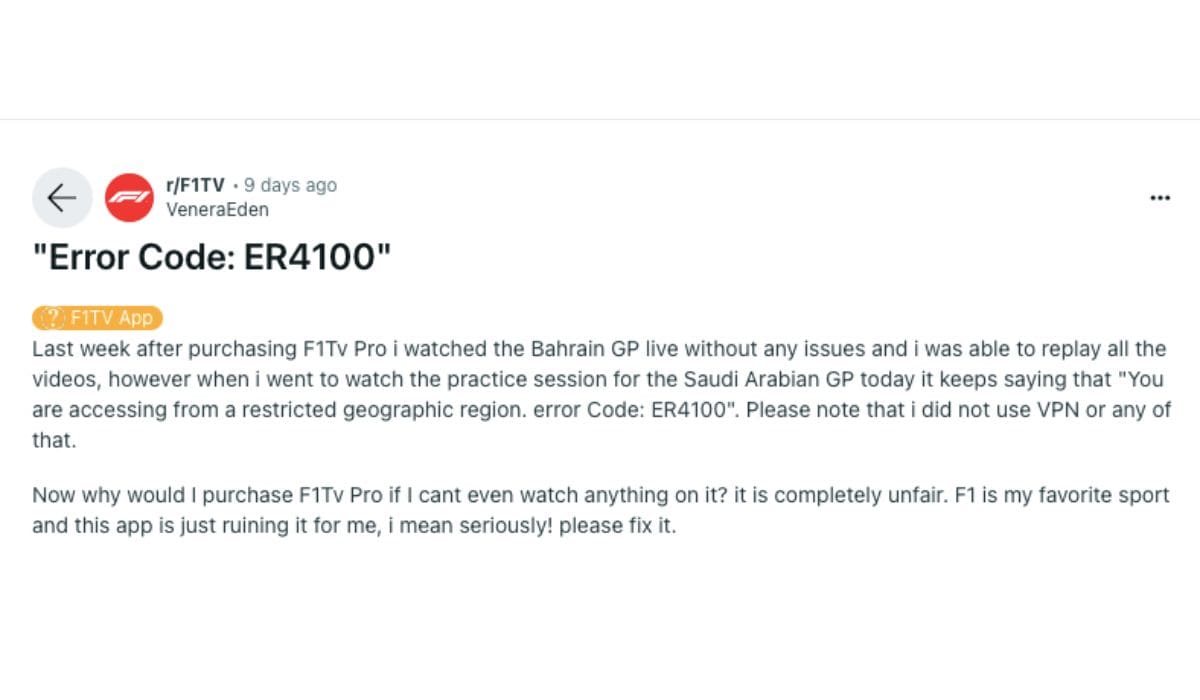 F1 TV Error Code ER4100