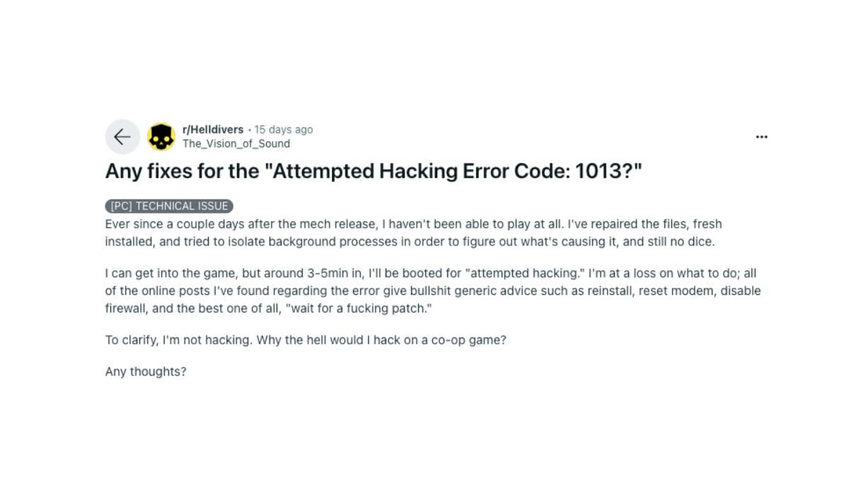 Helldivers 2 Attempted Hacking Error Code: 1013