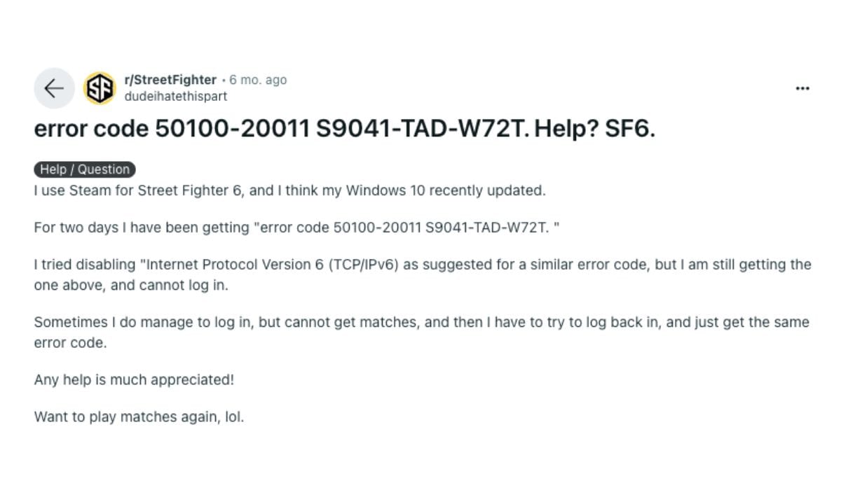 Street Fighter Error Code 50100-20011 S9041-TAD-W72T