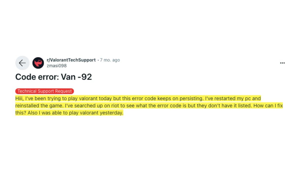 VALORANT Error Code VAN -92