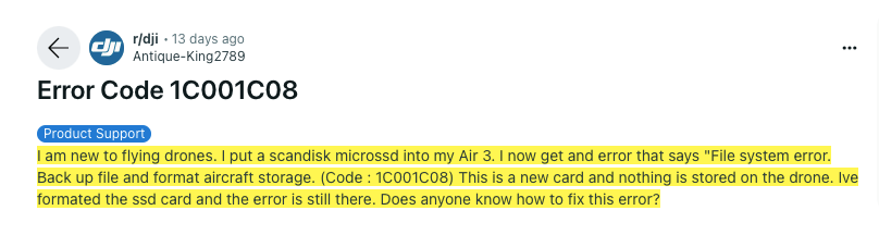 DJI Air 3 Error Code 1C001C08